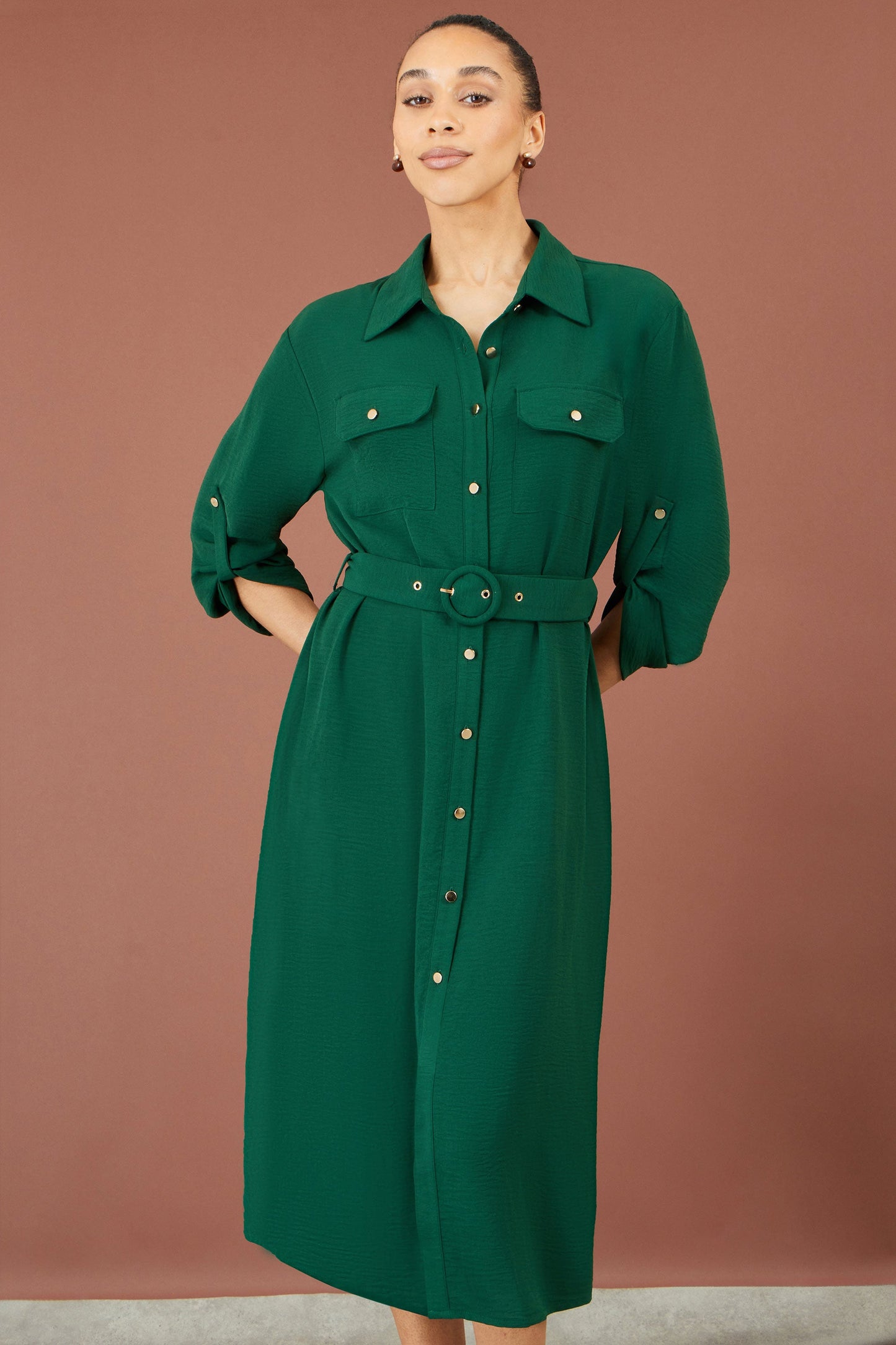 Yumi Green Stretch Midi Shirt Dress - additional view 2