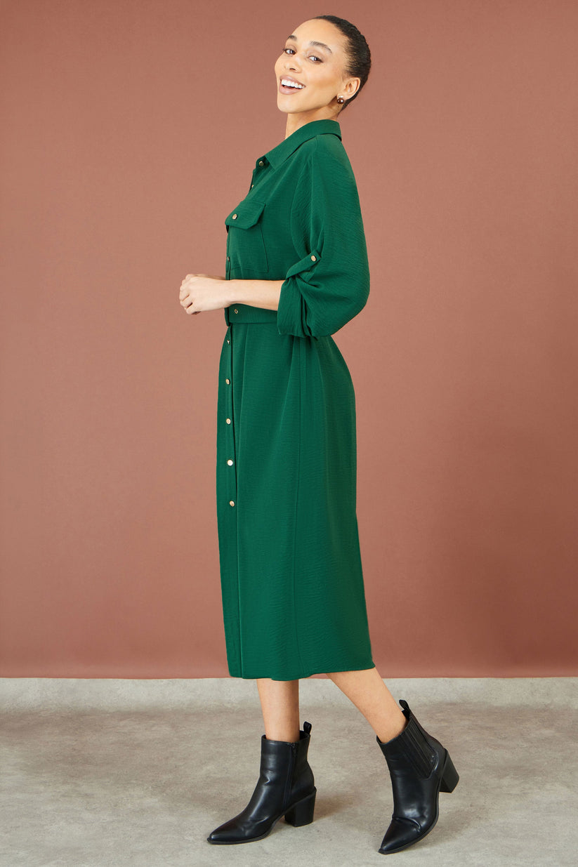 Yumi Green Stretch Midi Shirt Dress - additional view 4