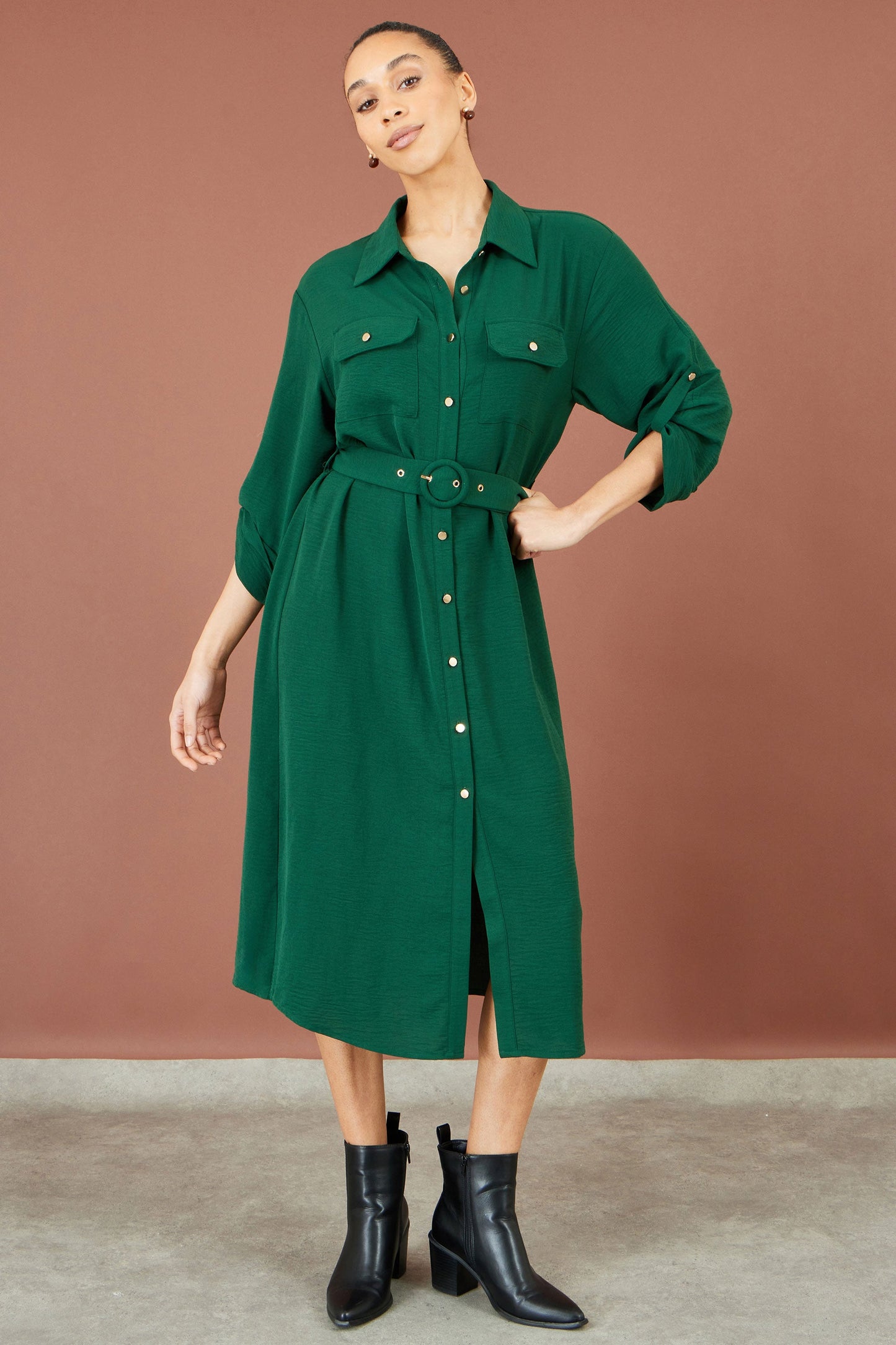 Yumi Green Stretch Midi Shirt Dress