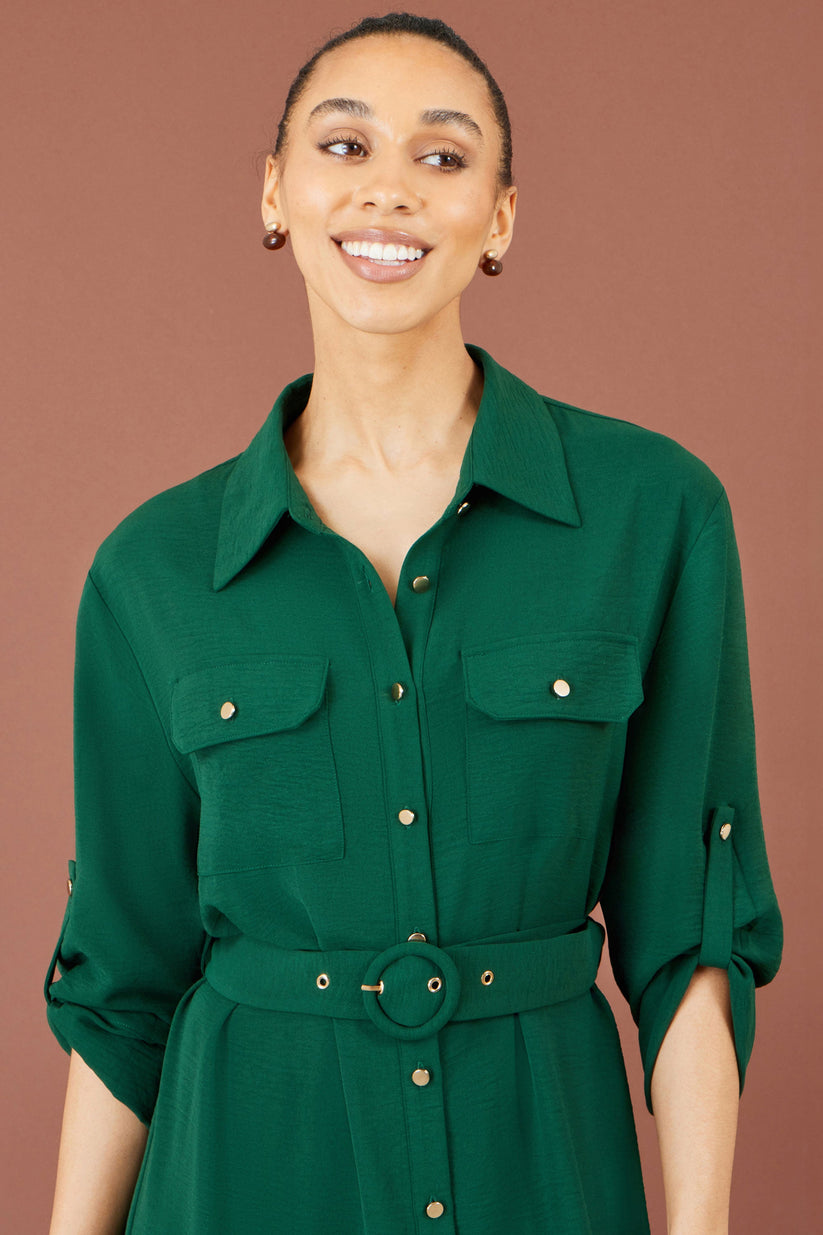 Yumi Green Stretch Midi Shirt Dress - additional view 3