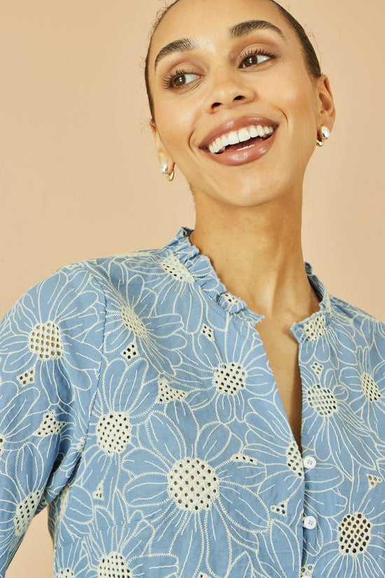 Yumi Blue Daisy Broderie Shirt With Fluted Sleeves - QHA UK