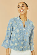 Yumi Blue Daisy Broderie Shirt With Fluted Sleeves - QHA UK