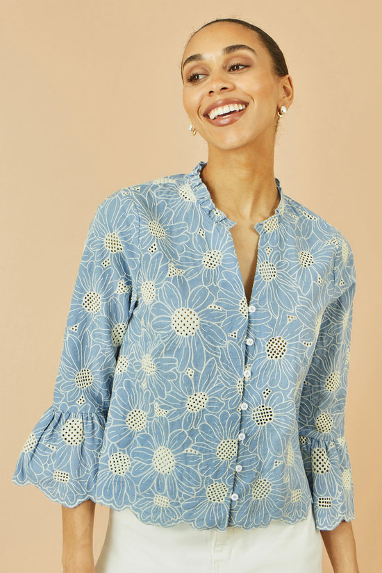 Yumi Blue Daisy Broderie Shirt With Fluted Sleeves - QHA UK