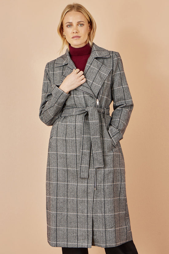 Yumi Grey Check Oversize Long Biker Coat - QHA UK