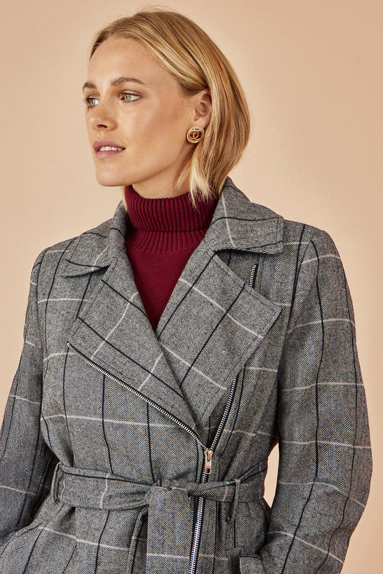 Yumi Grey Check Oversize Long Biker Coat - QHA UK