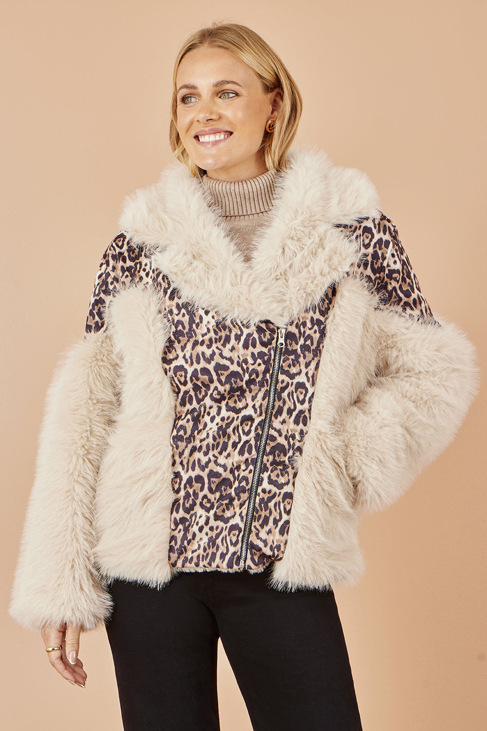 Yumi Cream Fur Biker Jacket With Leopard Print - QHA UK