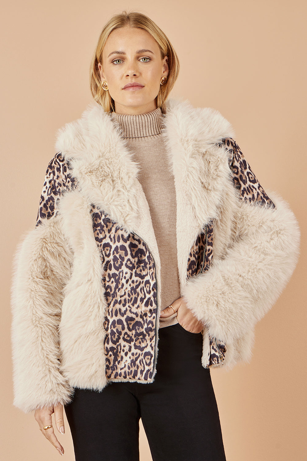 Yumi Cream Fur Biker Jacket With Leopard Print - QHA UK