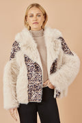 Yumi Cream Fur Biker Jacket With Leopard Print - QHA UK