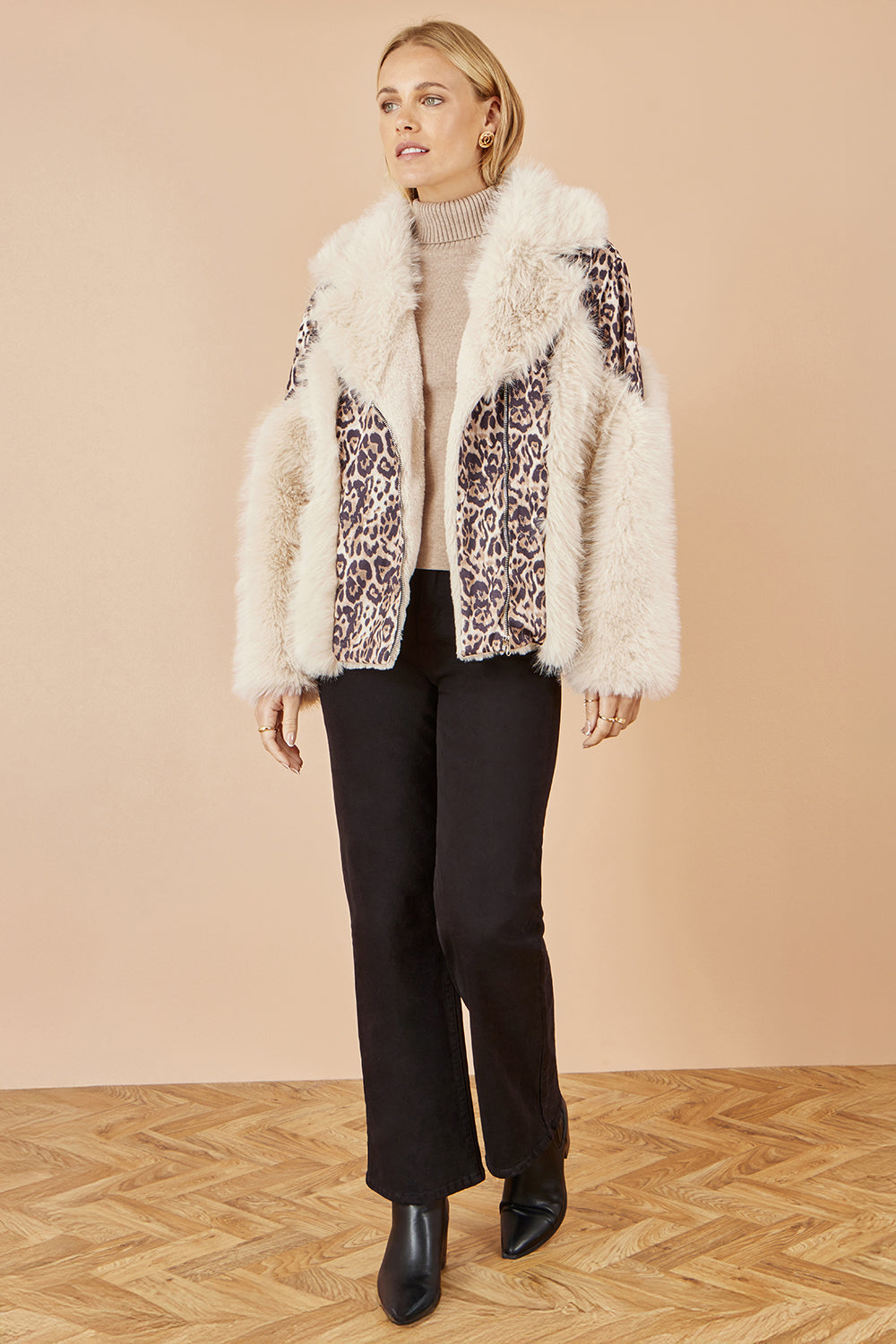 Yumi Cream Fur Biker Jacket With Leopard Print - QHA UK