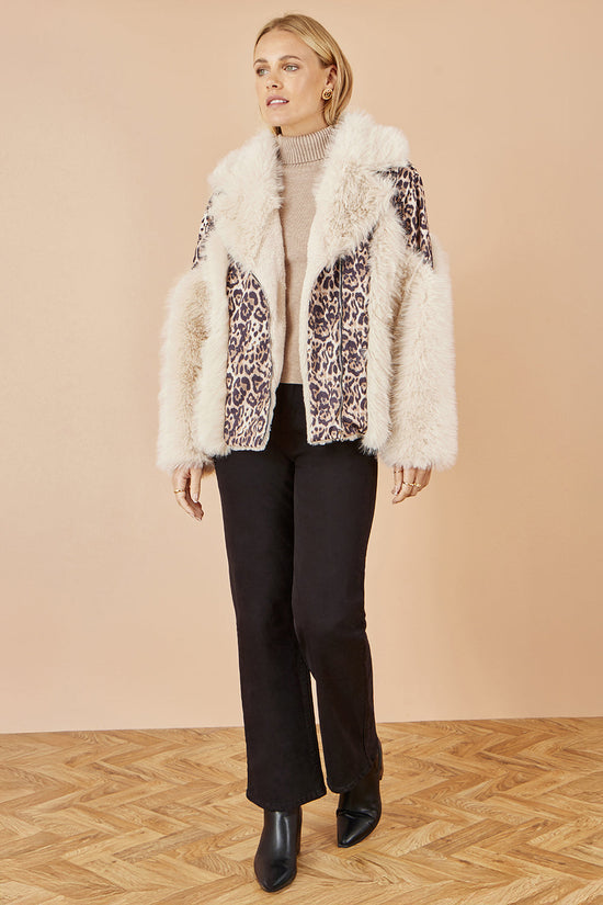 Yumi Cream Fur Biker Jacket With Leopard Print - QHA UK
