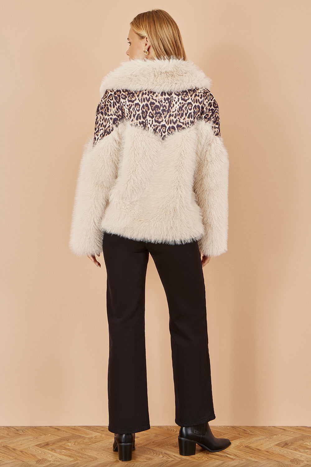 Yumi Cream Fur Biker Jacket With Leopard Print - QHA UK