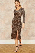 Yumi Brown Velvet Leopard Print Fitted Midi Dress - QHA UK