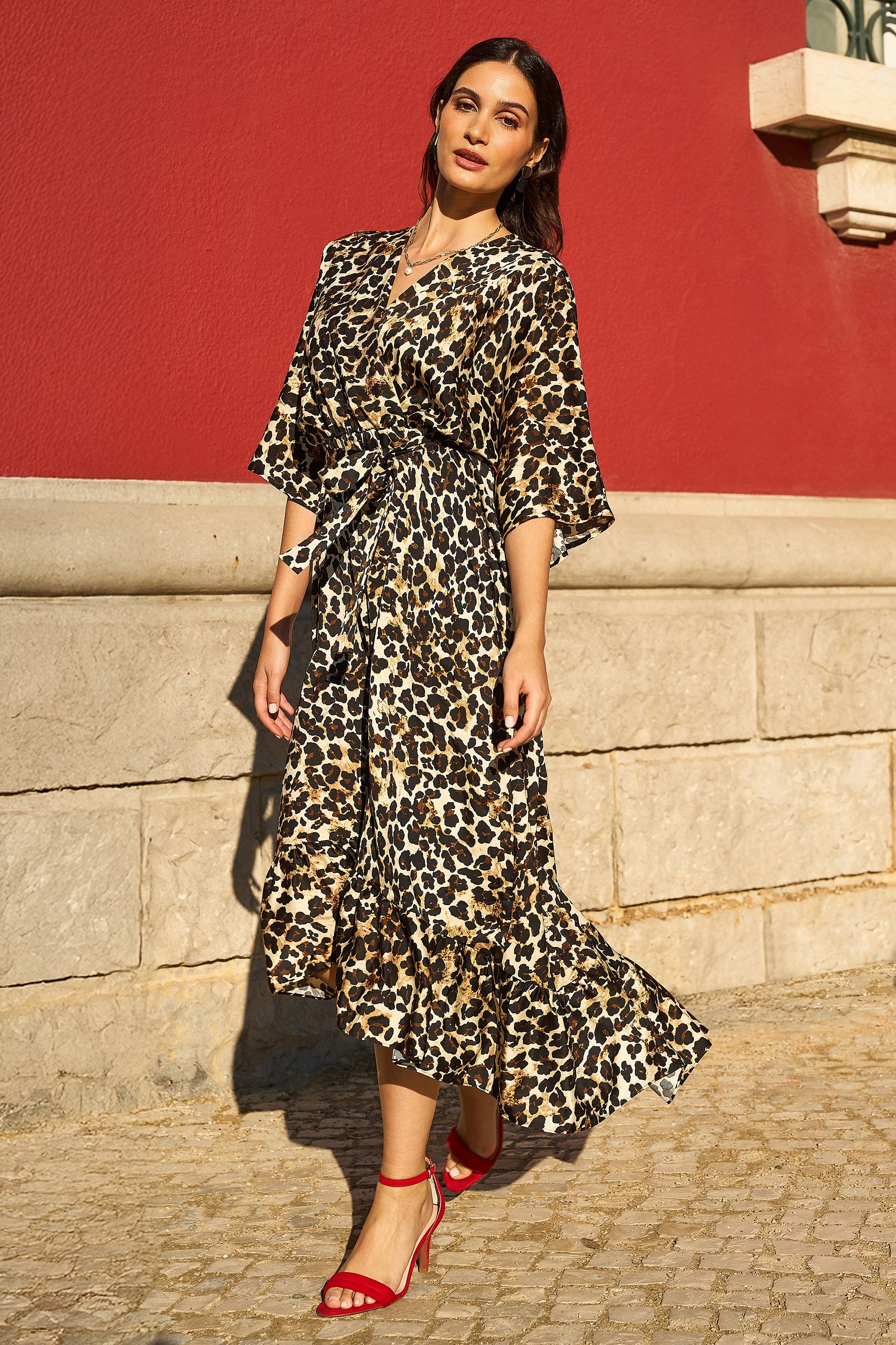 Yumi Brown Leopard Midi Wrap Dress With Kimono Sleeves - QHA UK