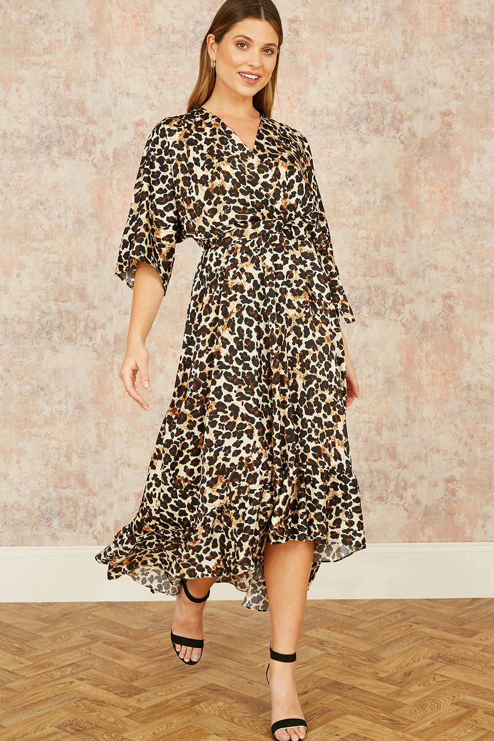 Yumi Brown Leopard Midi Wrap Dress With Kimono Sleeves - QHA UK