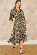 Yumi Brown Leopard Midi Wrap Dress With Kimono Sleeves - QHA UK