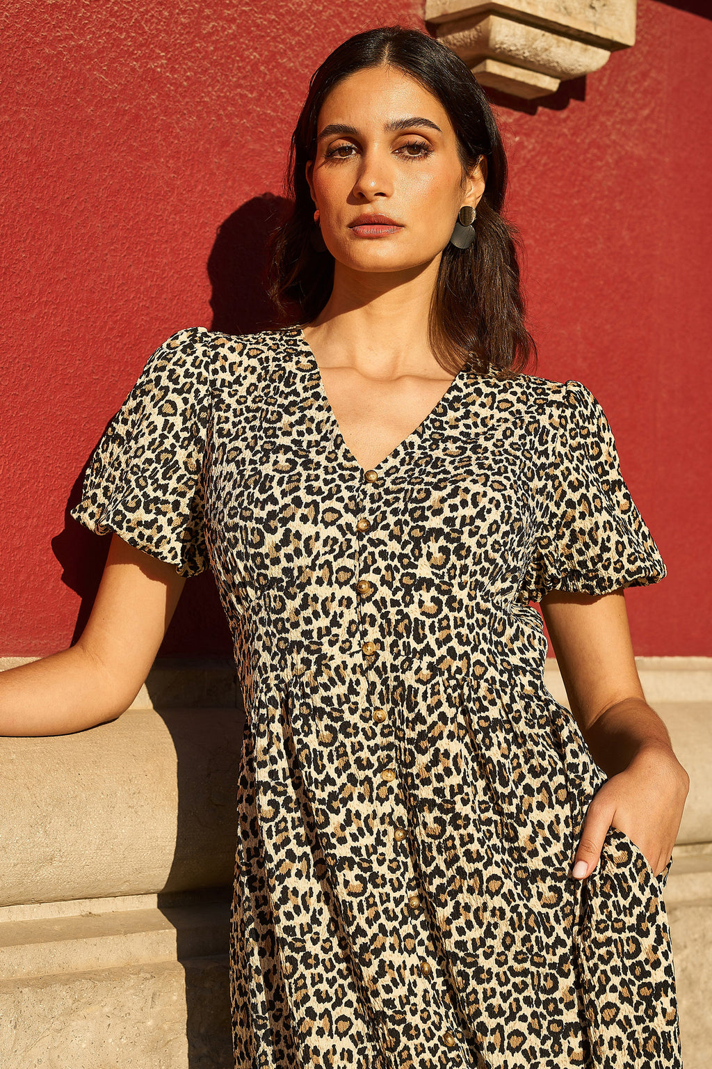 Yumi Brown Leopard Print Pleated Button Through Midi Dress - QHA UK