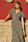 Yumi Brown Leopard Print Pleated Button Through Midi Dress - QHA UK