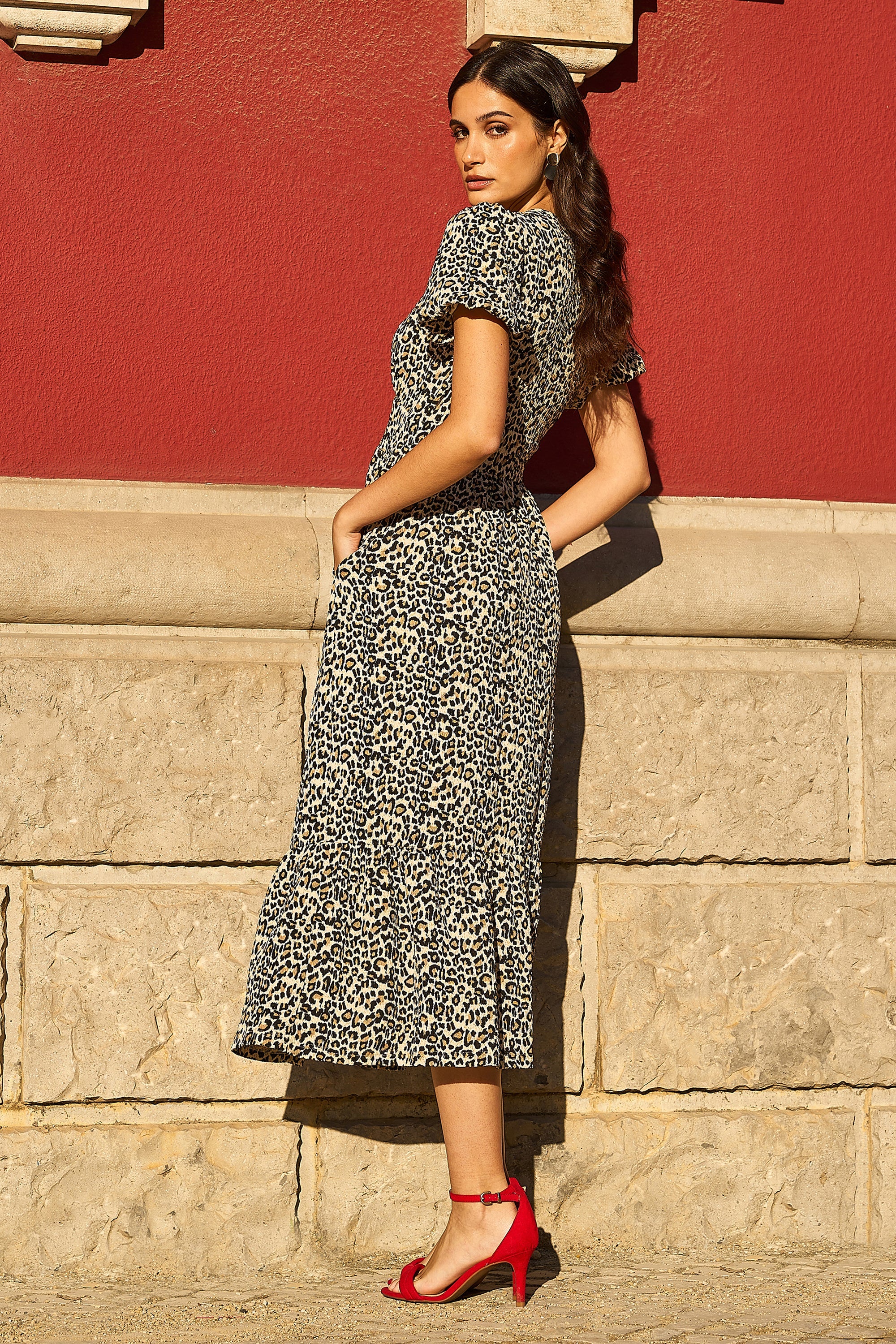 Yumi Brown Leopard Print Pleated Button Through Midi Dress - QHA UK