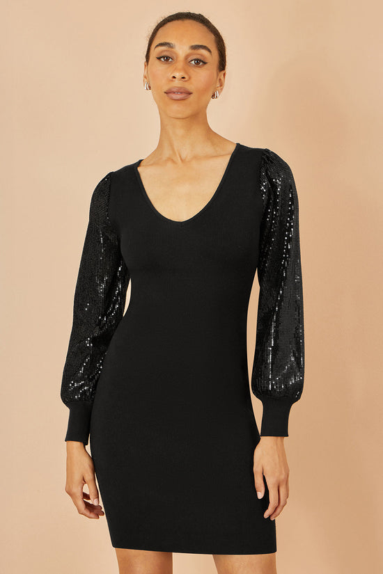 Yumi Black Knitted Fitted Dress With Sequin Sleeves - QHA UK