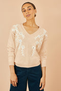 Yumi Oatmeal Floral Embroidered V Neck Relaxed Knitted Jumper - QHA UK