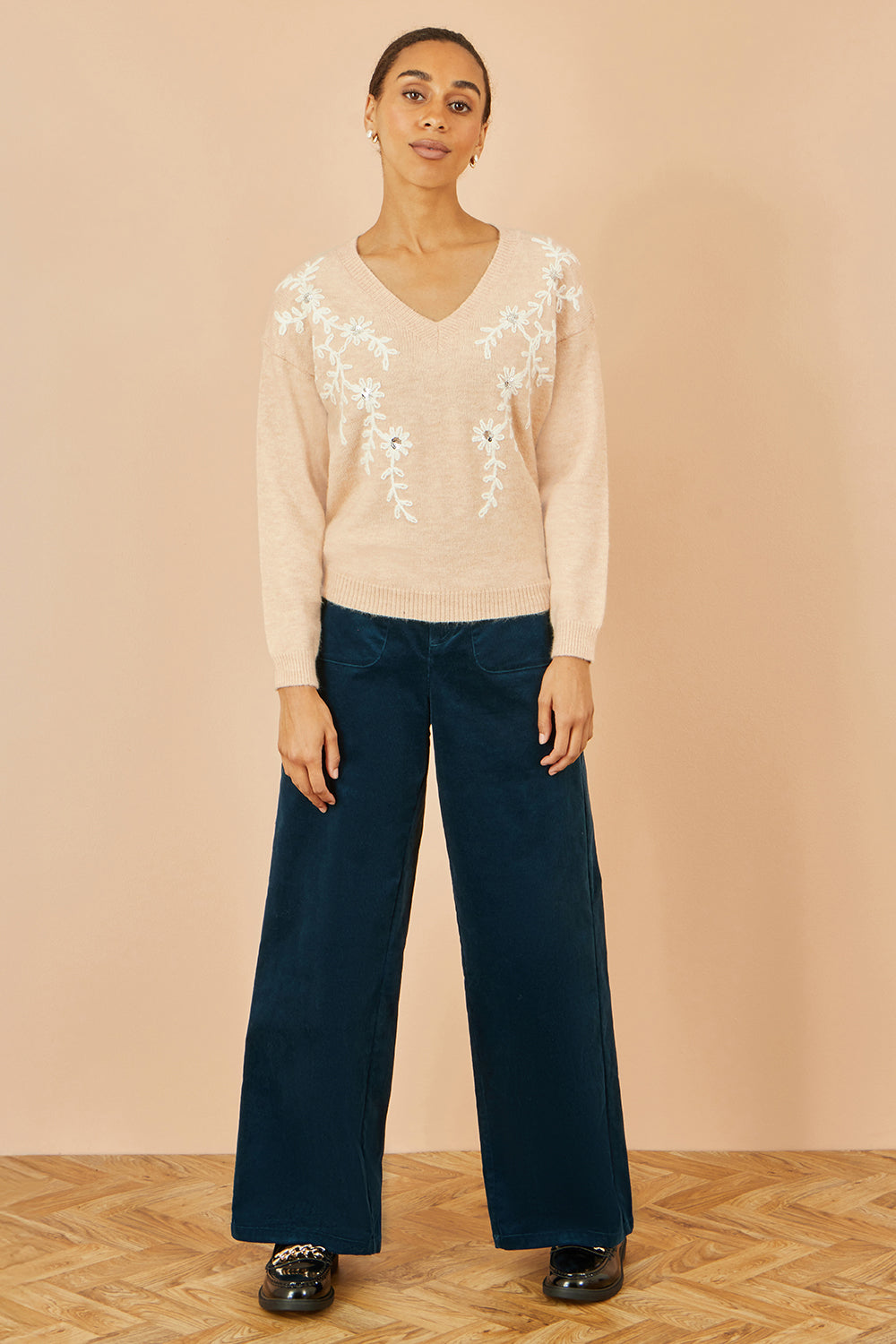 Yumi Oatmeal Floral Embroidered V Neck Relaxed Knitted Jumper - QHA UK
