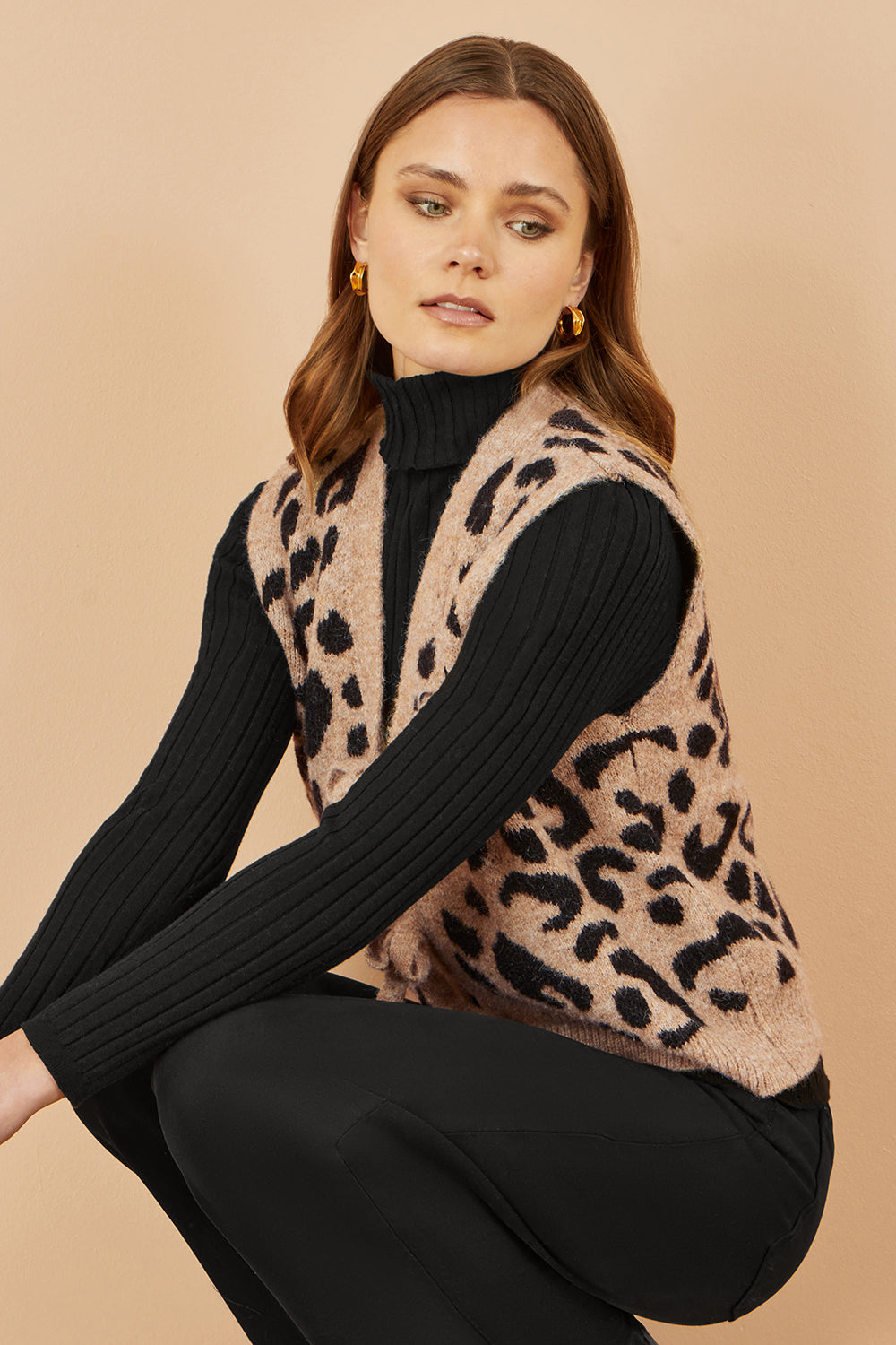Yumi Beige Animal Print Intarsia Tie Front Waistcoat - QHA UK