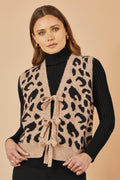 Yumi Beige Animal Print Intarsia Tie Front Waistcoat - QHA UK