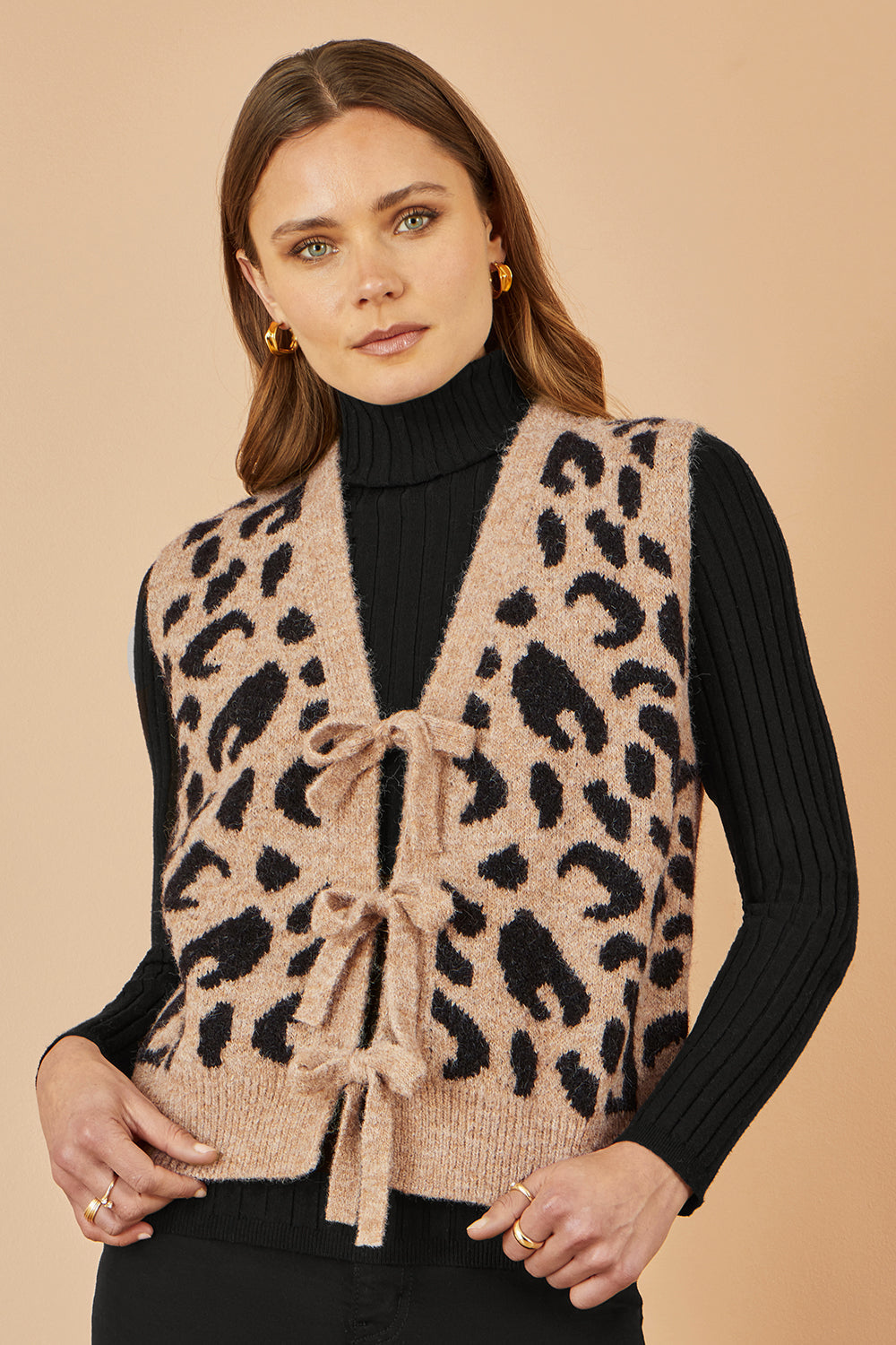 Yumi Beige Animal Print Intarsia Tie Front Waistcoat - QHA UK