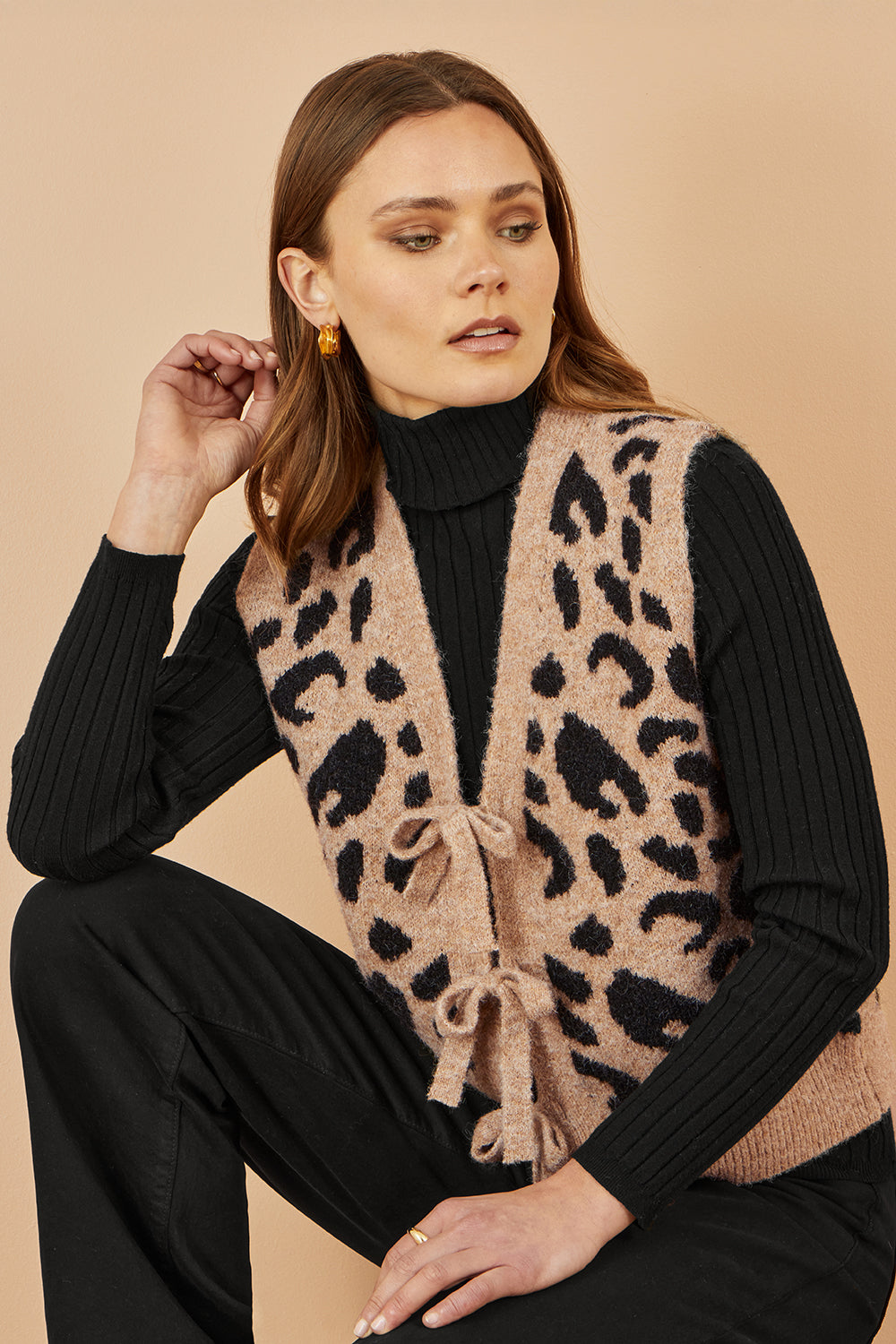 Yumi Beige Animal Print Intarsia Tie Front Waistcoat - QHA UK