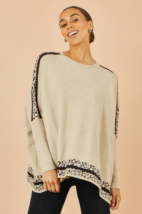 Yumi Oatmeal Leopard Print Border Relaxed Fit Jumper - QHA UK