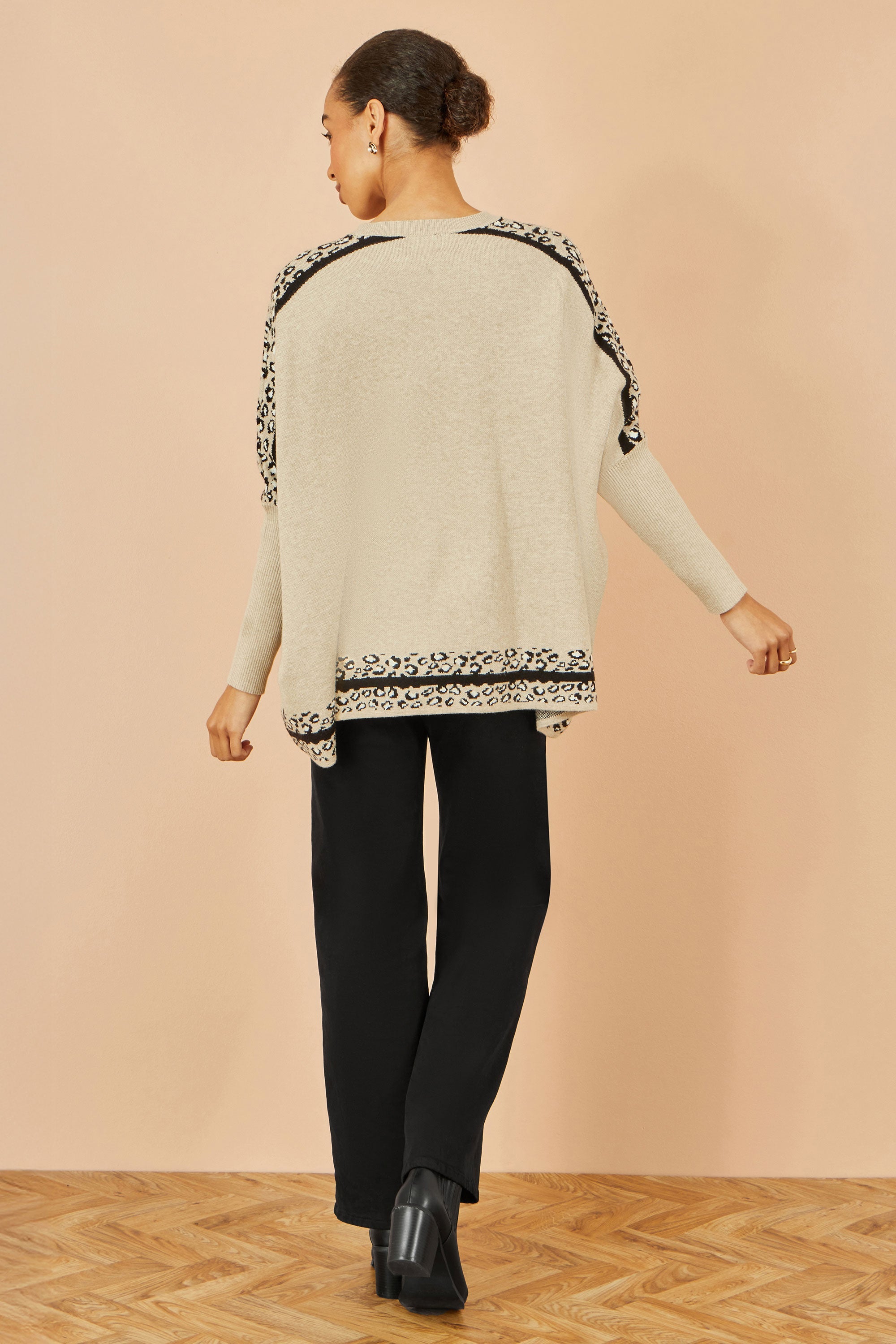 Yumi Oatmeal Leopard Print Border Relaxed Fit Jumper