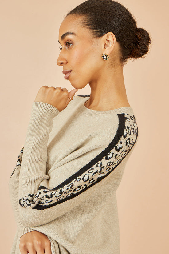Yumi Oatmeal Leopard Print Border Relaxed Fit Jumper - QHA UK