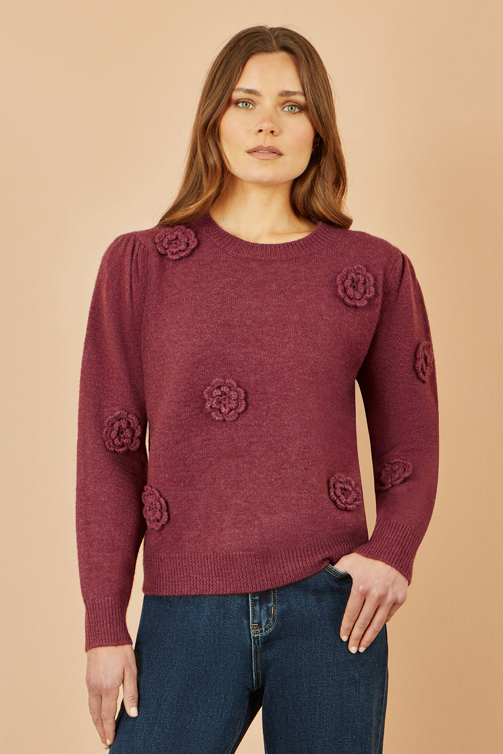 Yumi Burgundy Knitted Jumper With Crochet Flowers - QHA UK