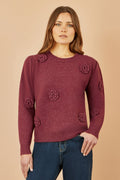 Yumi Burgundy Knitted Jumper With Crochet Flowers - QHA UK