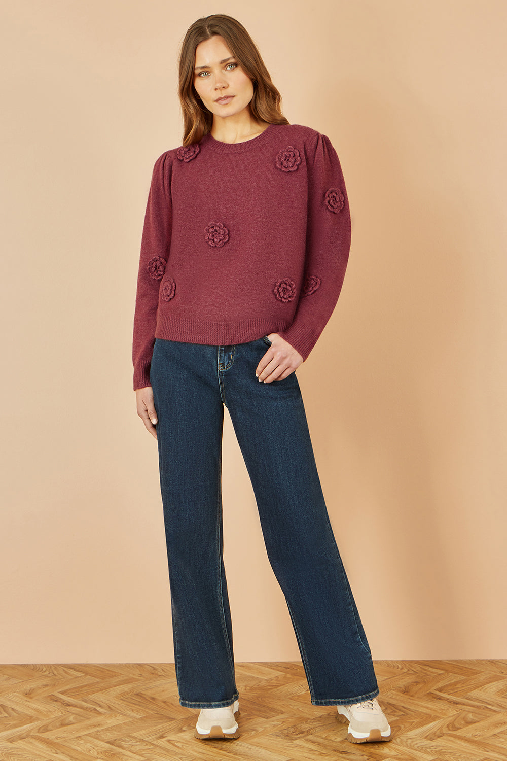 Yumi Burgundy Knitted Jumper With Crochet Flowers - QHA UK