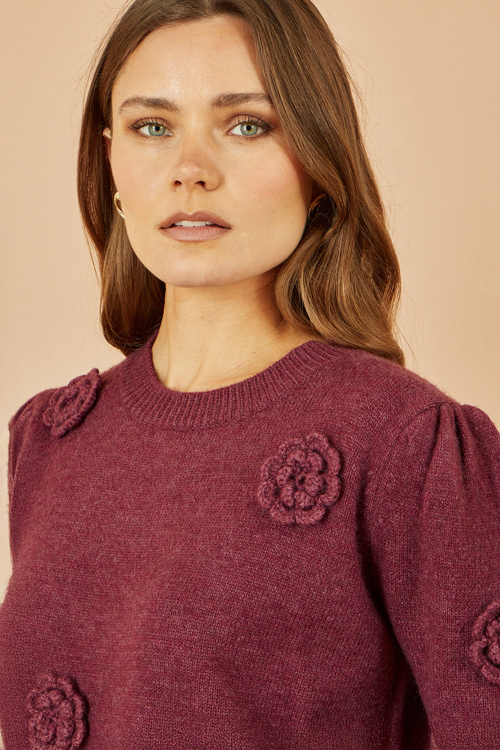 Yumi Burgundy Knitted Jumper With Crochet Flowers - QHA UK