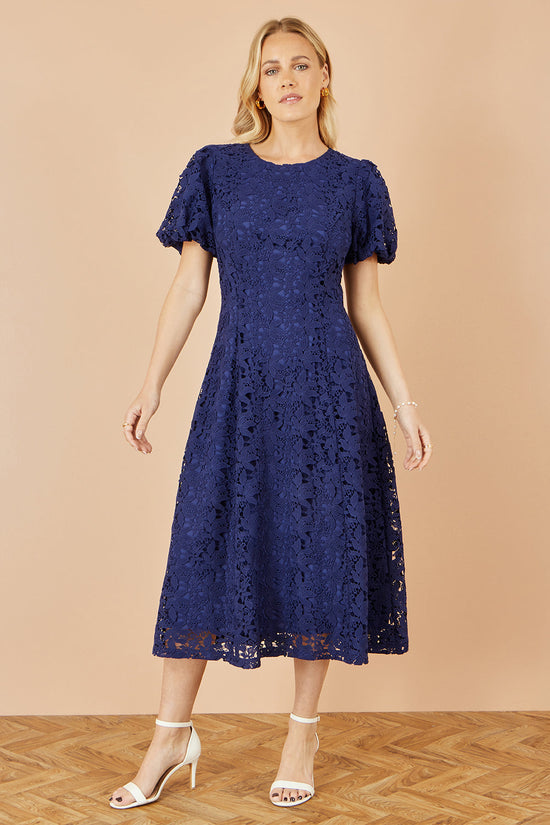 Yumi Navy Lace Midi Skater Dress - QHA UK
