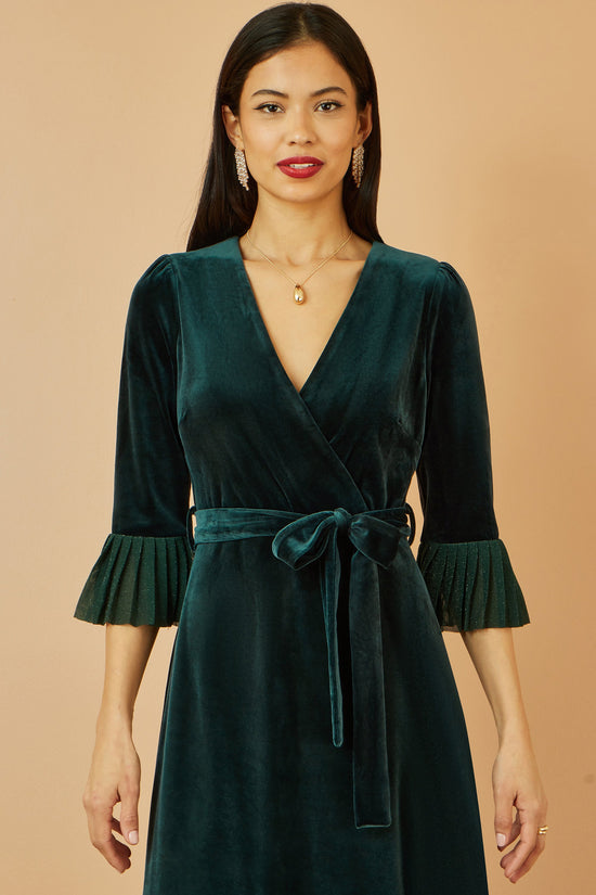 Yumi Green Velvet Wrap Midi Dress With Contrast Hemline - QHA UK
