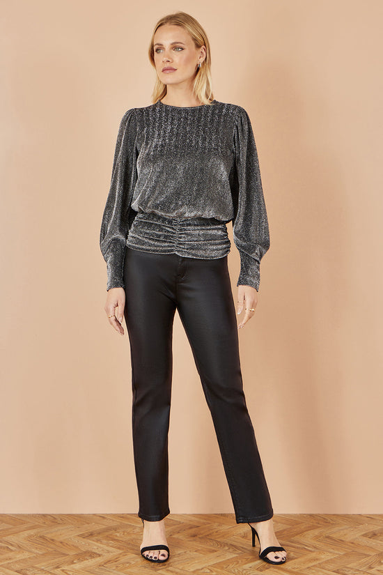 Yumi Black Metallic Stretch Ruched Hem Top - QHA UK