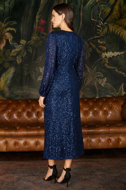 Yumi Women's Navy Sequin V-Neck Long-Sleeve Midi Dress with Side Split