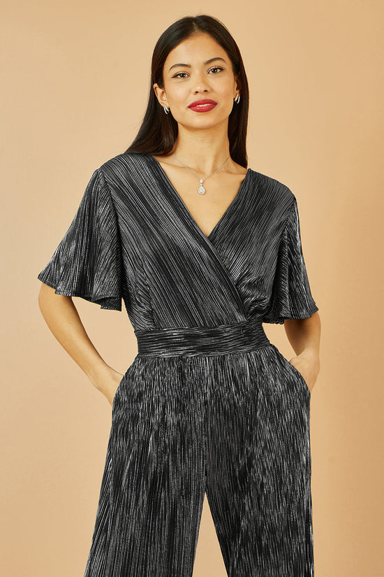 Yumi Black Metallic Pleated Jumpsuit With V Neck - QHA UK