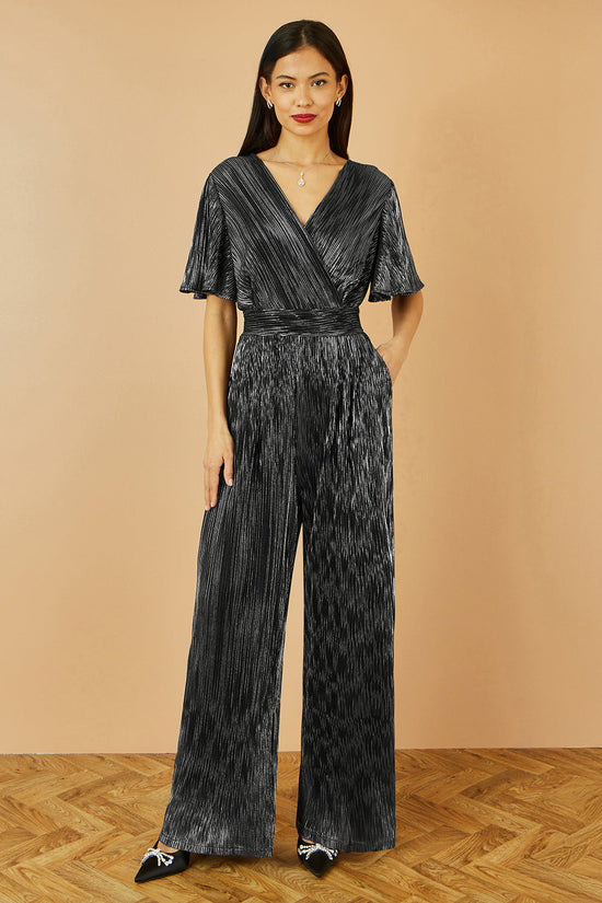 Yumi Black Metallic Pleated Jumpsuit With V Neck - QHA UK
