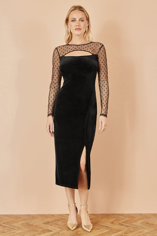 Yumi Black Velvet Midi Dress With Slash Neckline and Sheer Sleeves - QHA UK