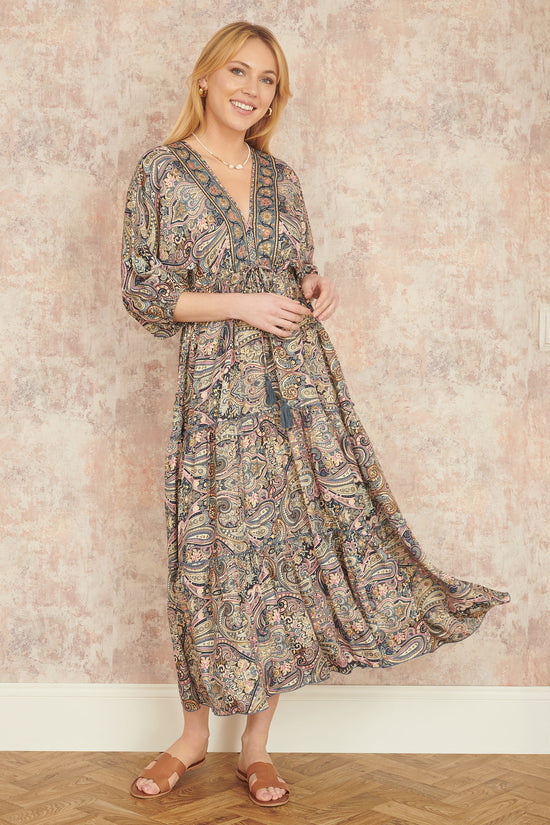 Yumi Multicolour Paisley Print Midi Kimono Dress With Tie Back - QHA UK