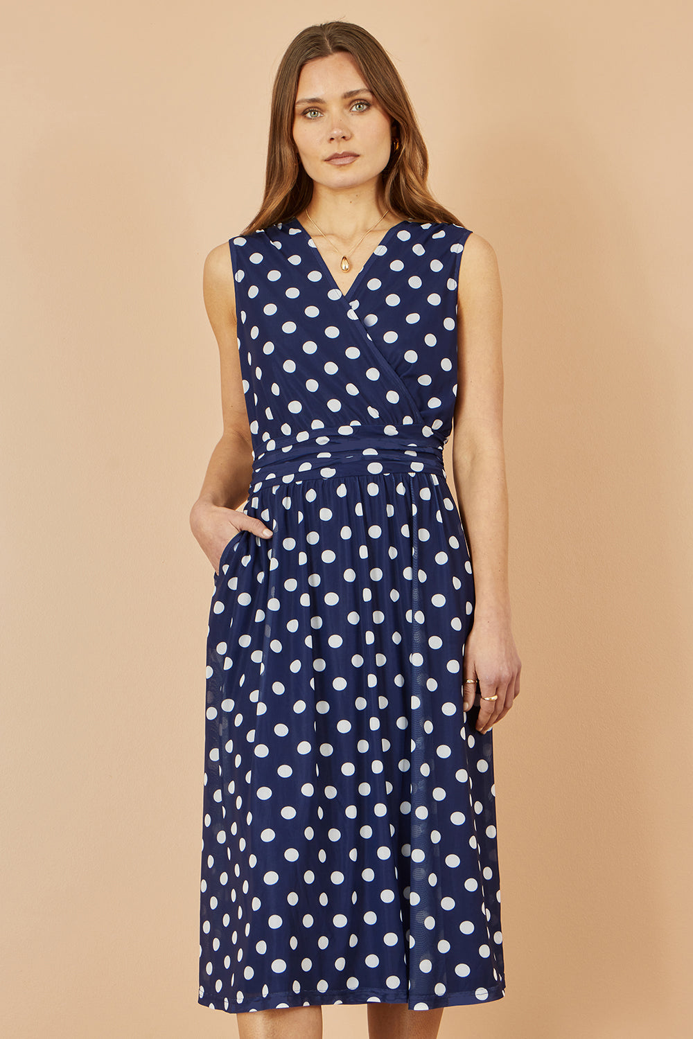 Yumi Navy Polka Dot Mesh Wrap Skater Dress With Pockets - QHA UK
