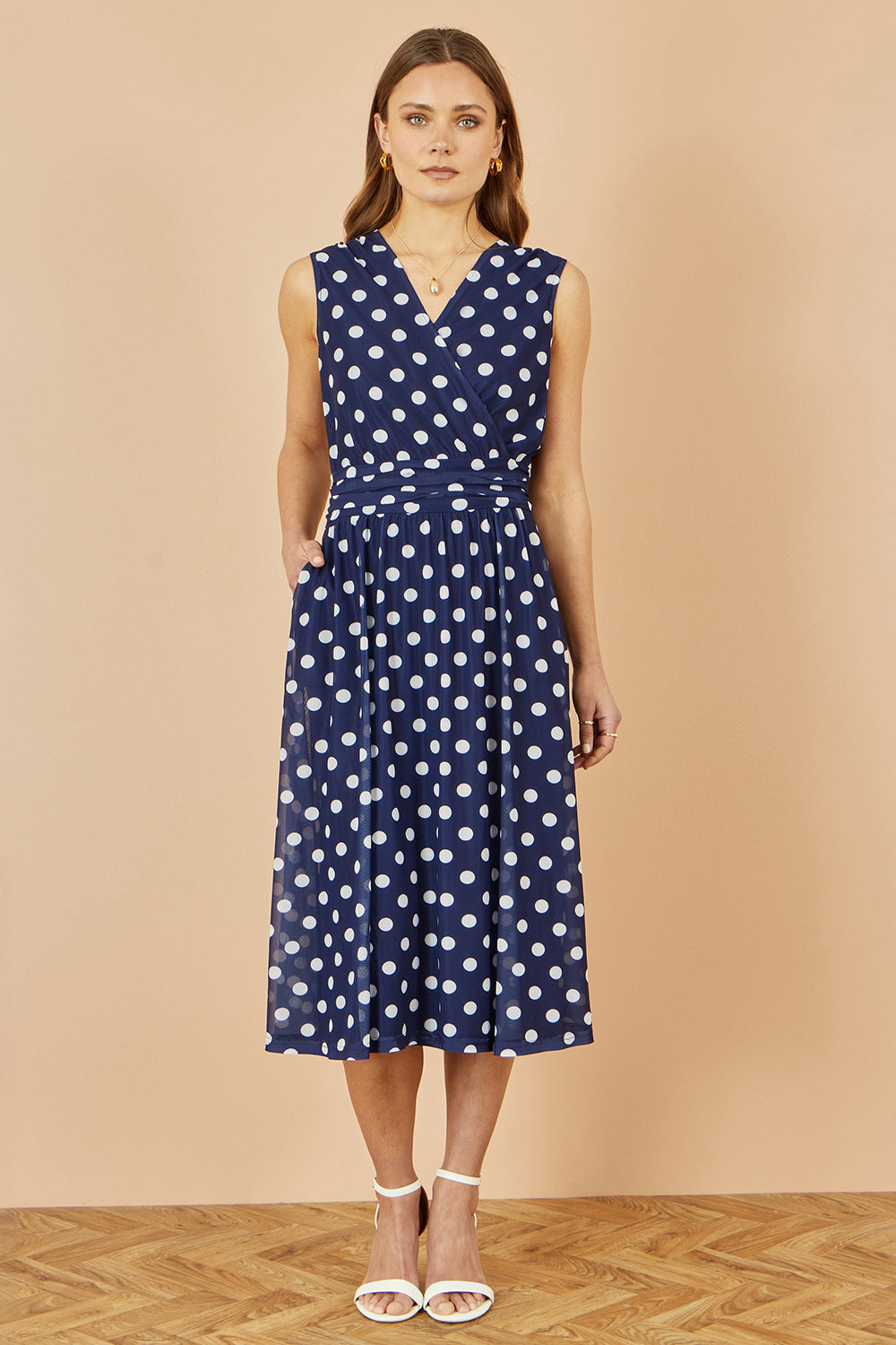 Yumi Navy Polka Dot Mesh Wrap Skater Dress With Pockets - QHA UK