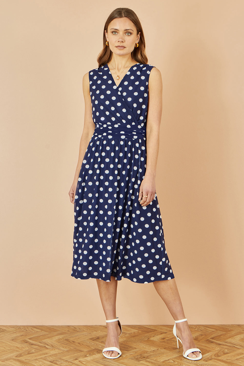 Yumi Navy Polka Dot Mesh Wrap Skater Dress With Pockets - QHA UK