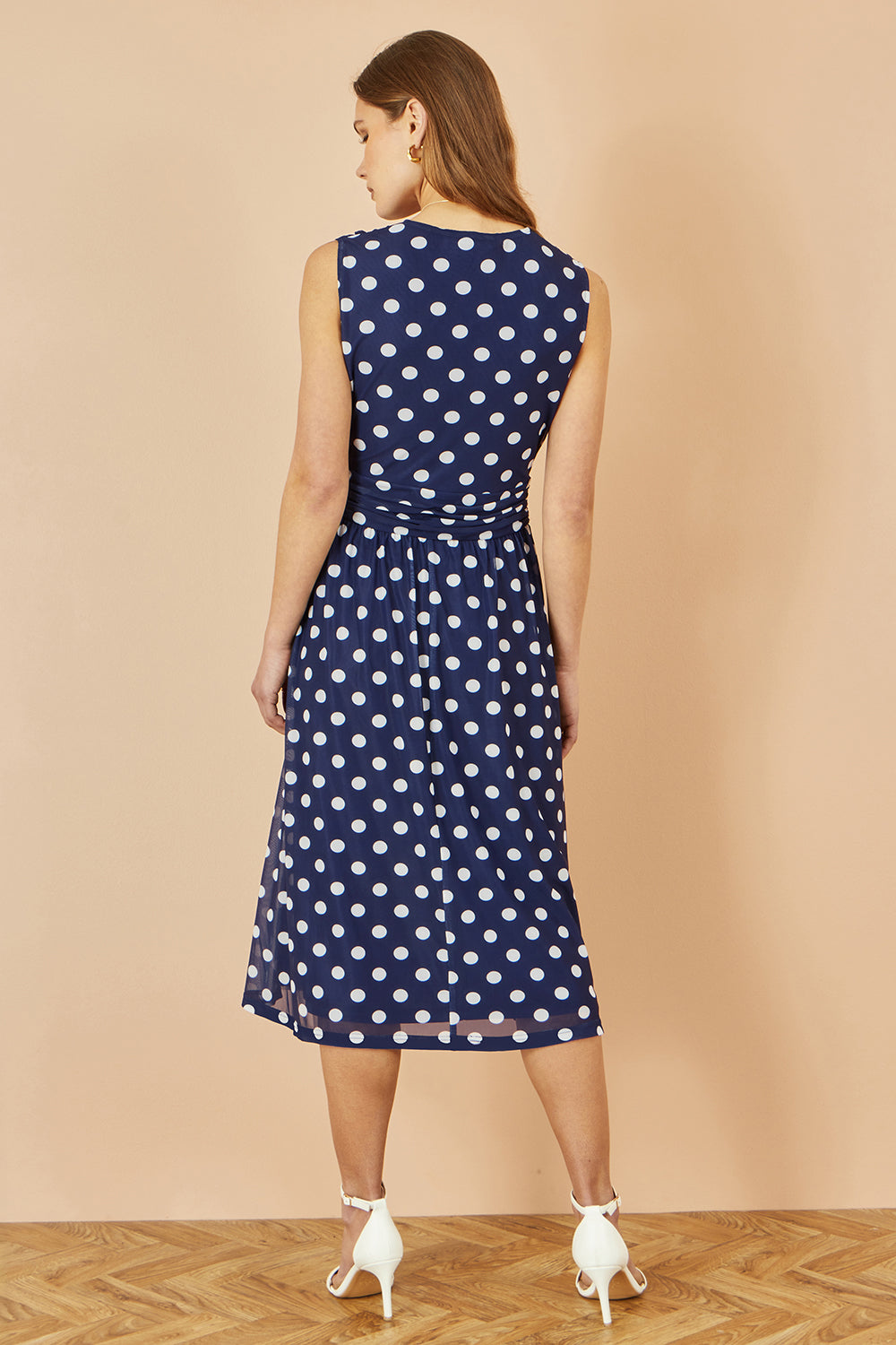 Yumi Navy Polka Dot Mesh Wrap Skater Dress With Pockets - QHA UK