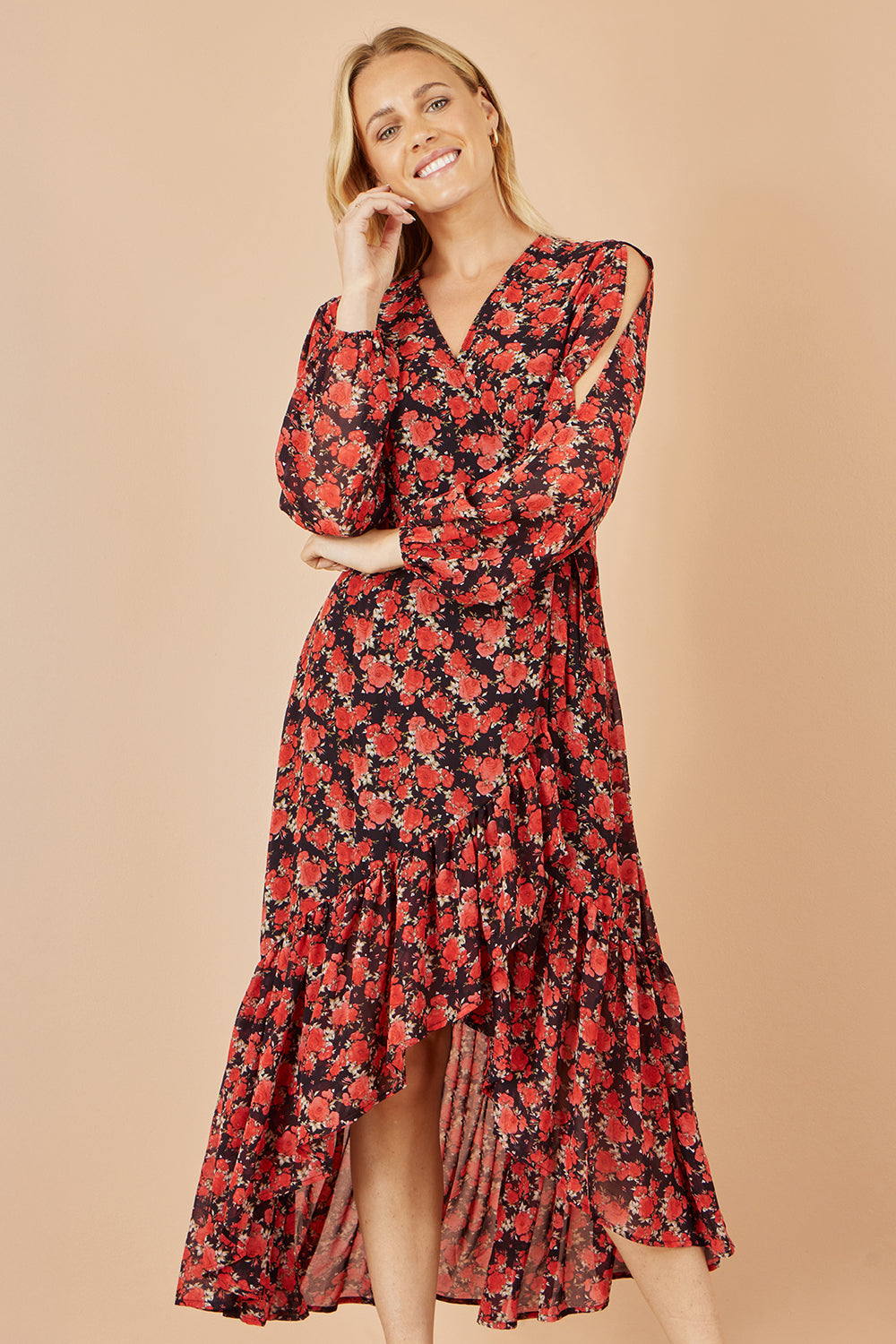 Yumi Red Rose Print Dipped Hemline Midi Dress With Open Long Sleeves - QHA UK