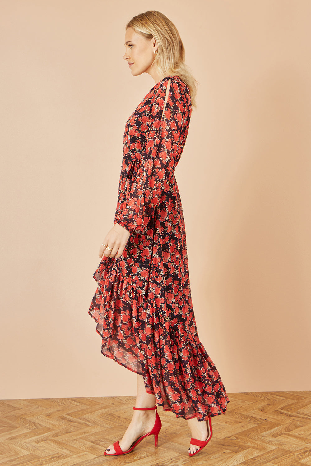 Yumi Red Rose Print Dipped Hemline Midi Dress With Open Long Sleeves - QHA UK